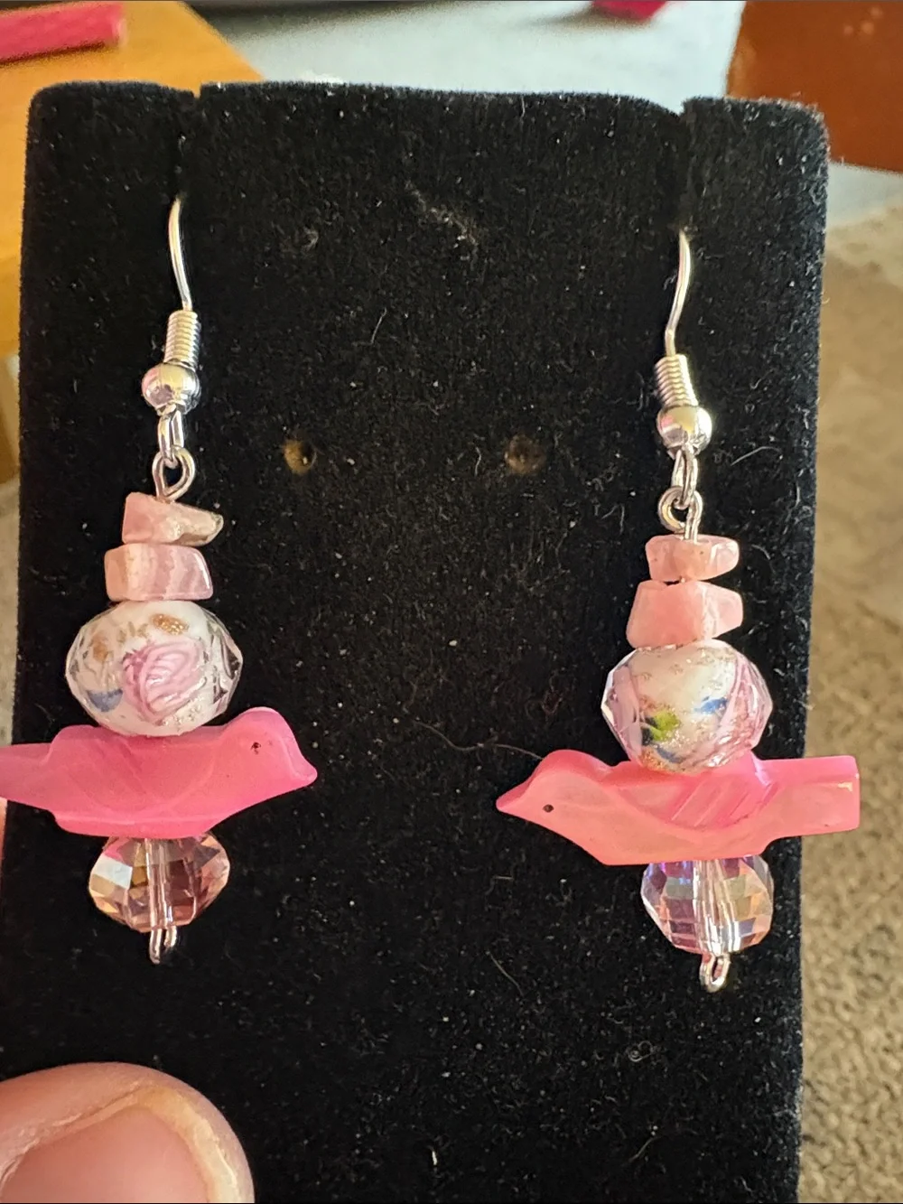 Pink Carved Shell, Glass, and AB Crystal Drop Earrings - Picture 1 of 2